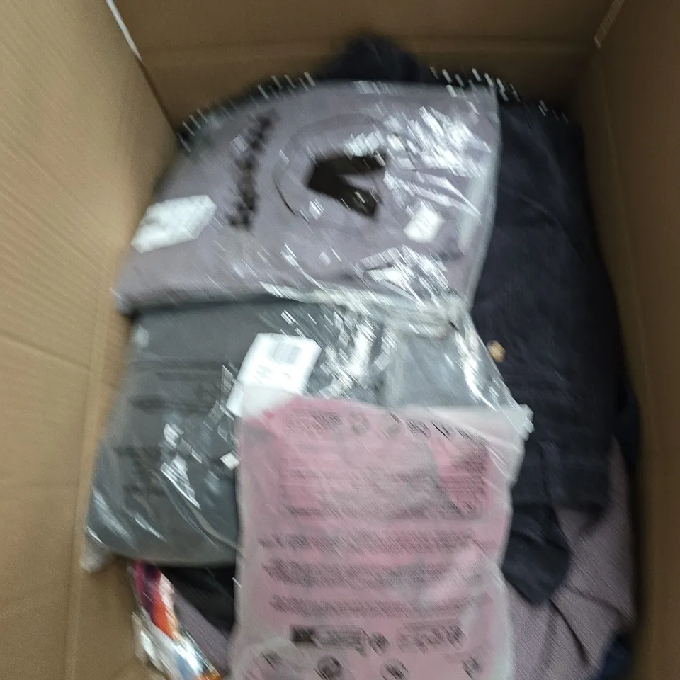 LARGE BOX OF APPROXIMATELY 25 ASSORTED CLOTHING ITEMS IN VARIOUS COLOURS, STYLES AND SIZES - COLLECTION ONLY
