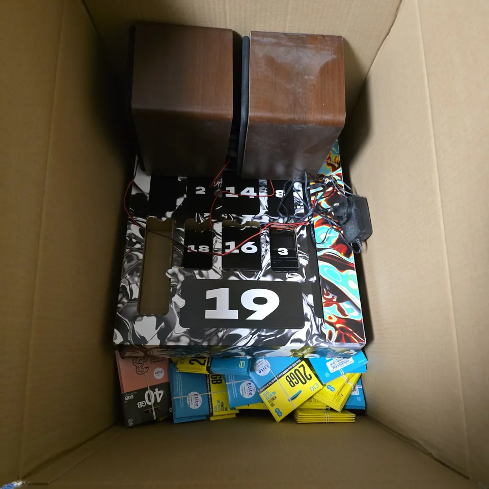 BOX OF ASSORTED ITEMS INCLUDING LENCO TURNTABLE DAMAGED , SPEAKERS AND ADVENT CALENDAR 