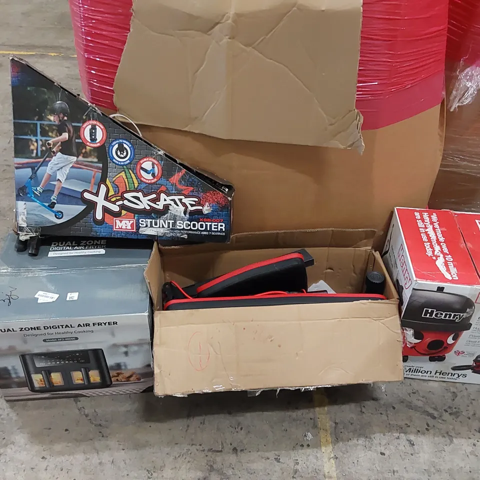 PALLET OF ASSORTED ITEMS INCLUDING: AIR FRYER, HENRY HOOVER, EXERCISE EQUIPMENT, STUNT SCOOTER ECT