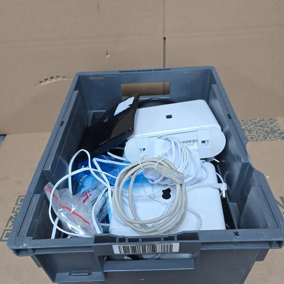 TOTE OF APPROXIMATELY 15 ASSORTED HOUSEHOLD ITEMS TO INCLUDE ROUTERS, CABLES, POWER SUPPLYS ETC
