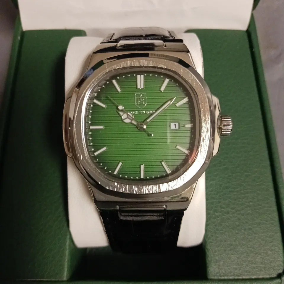 FRANK SCHMIDT GREEN DIAL GENTS WATCH WITH STAINLESS STEEL BACKCASE AND BLACK LEATHER STRAP IN BOX