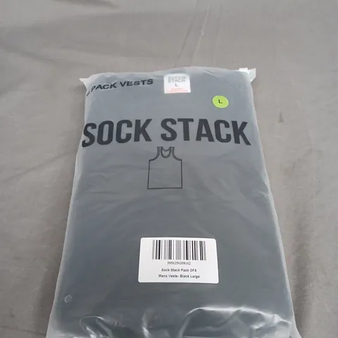 SOCK STACK - PACK OF 6 MENS VESTS IN BLACK - SIZE L