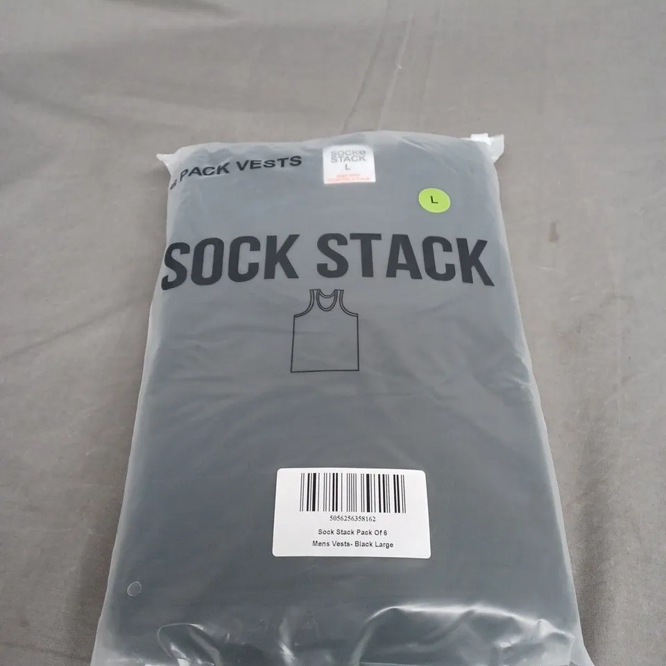 SOCK STACK - PACK OF 6 MENS VESTS IN BLACK - SIZE L