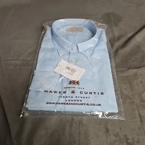 HAWES & CURTIS LINEN LONG SLEEVE BUTTON DOWN SHIRT IN LIGHT BLUE SIZE L