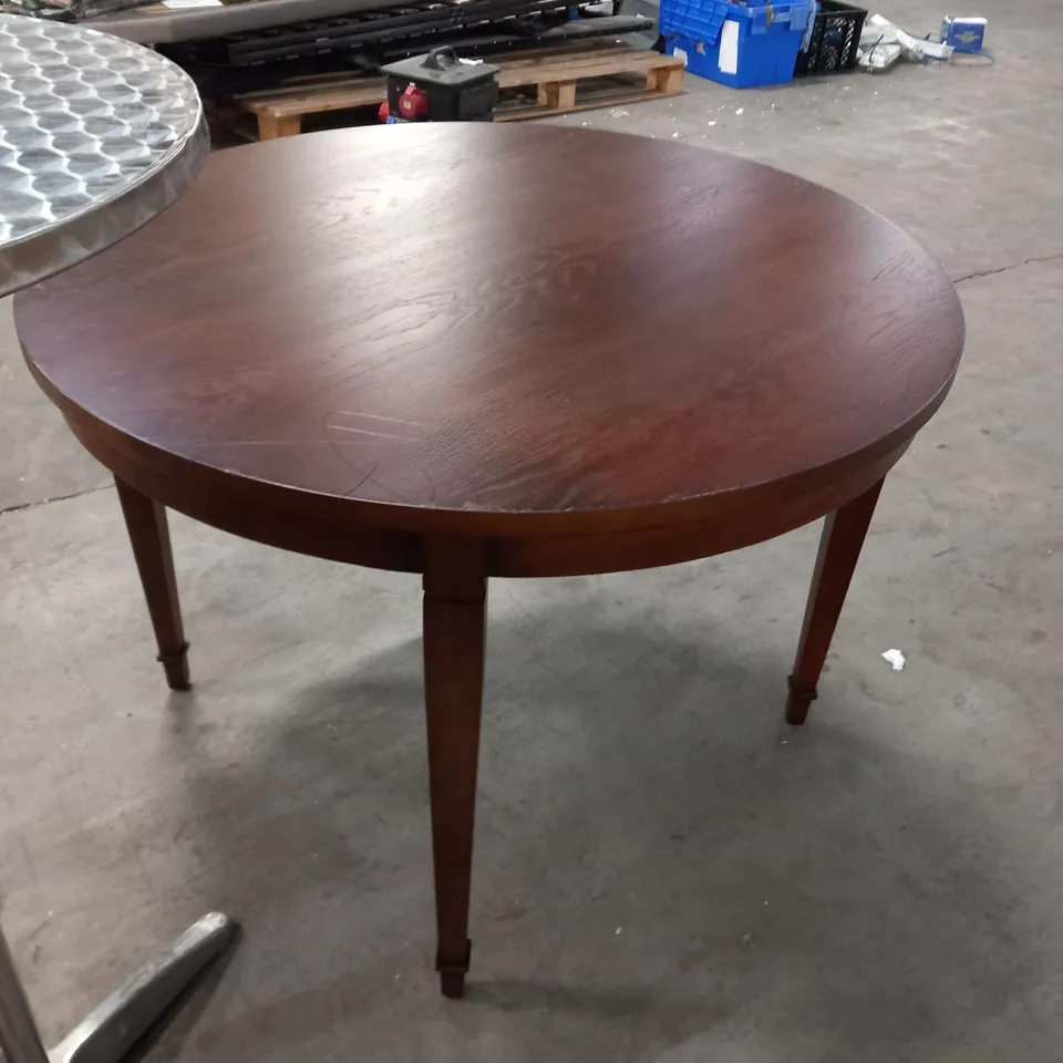 MAHOGANY EFFECT ROUND TABLE AND CHROME BAR TABLE