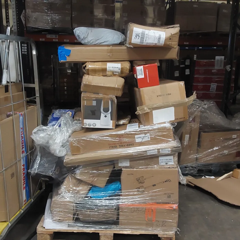 PALLET CONTAINING A LARGE ASSORTMENT OF CONSUMER PRODUCTS INCLUDING: KICK SCOOTER, DESK FAN, DAY PLUS VACUUM, CV AXLE SHAFT ECT