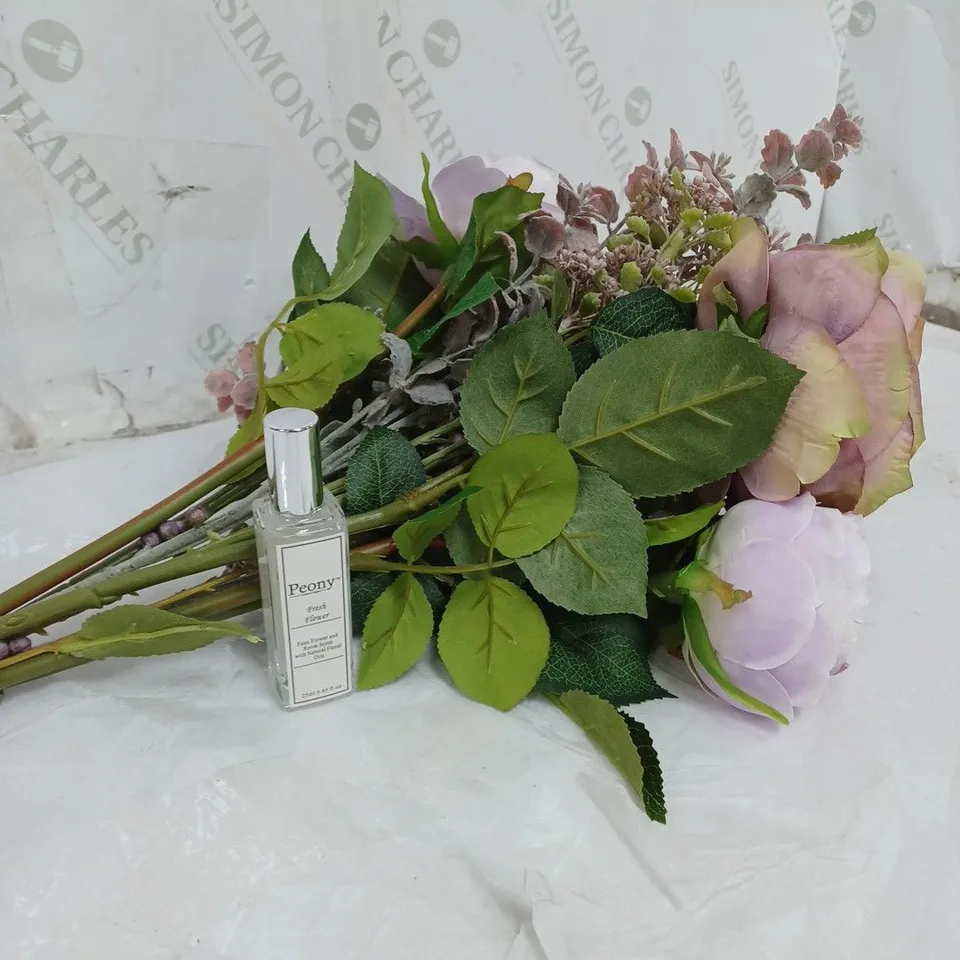 BOXED FAUX FLOWER ARRANGEMENT. COMES WITH A GLASS VASE AND PEONY FLOWER/ROOM SCENT