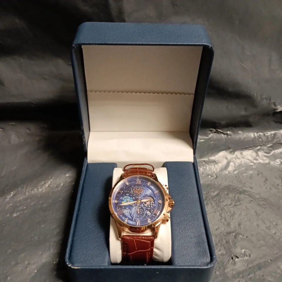 henry's watches - Chronograph Wristwatch with Blue Dial, Rose-Gold Case & Brown Leather Strap