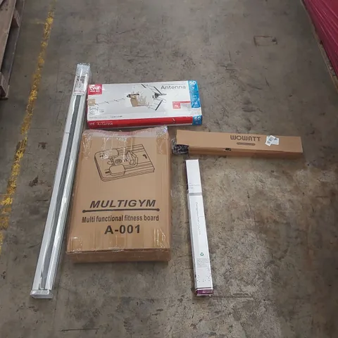 PALLET OF ASSORTED ITEMS INCLUDING: MULTIFUNCTIONAL FITNESS BOARD, BLINDS, ANTENNA, CEILING LIGHT, A1 FLIP CHART ECT