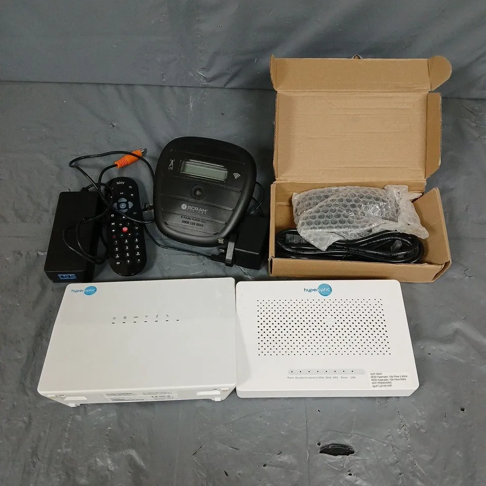 APPROXIMATELY 10 ASSORTED ELECTRICAL PRODUCTS & ACCESSORIES TO INCLUDE REMOTES, CABLES, HYPEROPTIC ROUTER, ETC
