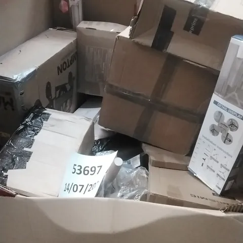 PALLET OF ASSORTED HOUSEHOLD GOODS AND PRODUCTS TO INCLUDE; WHEELCHAIR, DETAIL DISPLAY, BLINDS, BOXED FURNITURE ETC