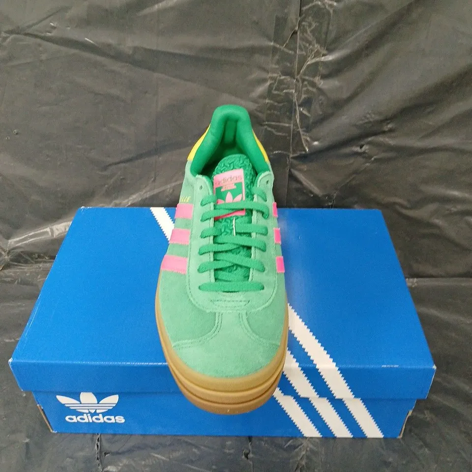 BOXED PAIR OF ADIDAS GAZELLE BOLD GREEN/PINK UK 6