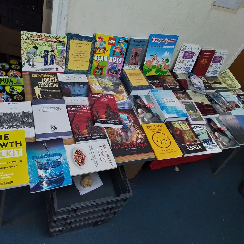 PALLET OF ASSORTED FICTION AND NON FICTION BOOKS TO INCLUDE: THE GROWTH TOOLKIT, FORTNITE ANNUAL 2022, FUNCTIONS OF WATER, THE CROW, SILENCE JS VENIT, BROWN SUIT AGATHA CHRISTIE ETC