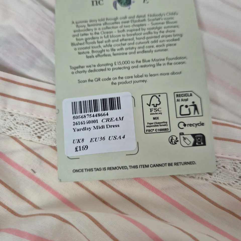NOBODY'S CHILD X ELIZABETH SCARLETT DRESS – UK8, CREAM STRIPE WITH FLORAL EMBROIDERY
