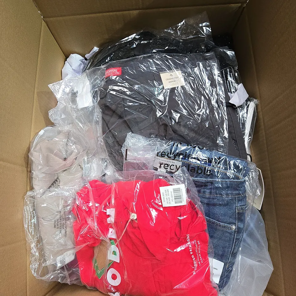 LARGE BOX OF ASSORTED CLOTHING ITEMS IN VARIOUS SIZES, STYLES AND COLOUR 