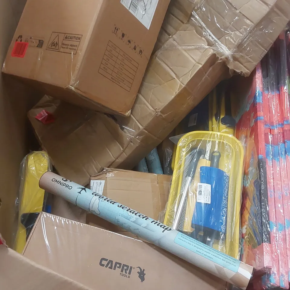 PALLET CONTAINING A LARGE QUANTITY OF ASSORTED ITEMS INCLUDING: BOXING PAINTINGS, SCRATCH WORLD MAPS, MOPS, WRENCH SET ECT