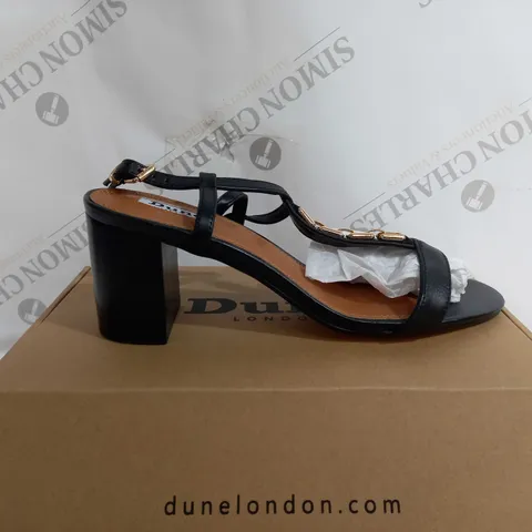 BOXED DUNE JUST HARDWARE DETAIL BLOCK HEEL SANDALS, BLACK, UK 7