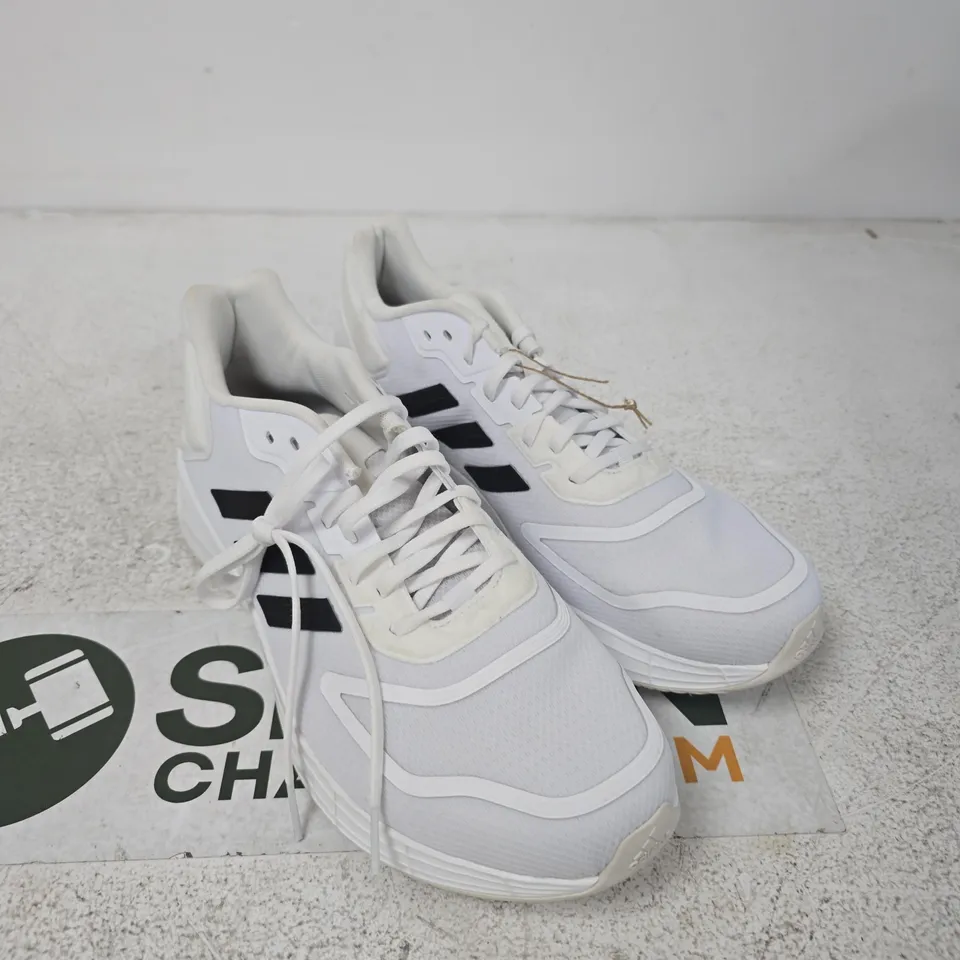 ADIDAS TRAINERS – WHITE WITH BLACK THREE STRIPES, UK 10.5