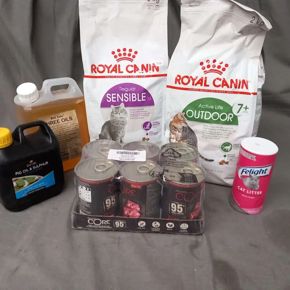 EIGHT ASSORTED ANIMAL BASED PRODUCTS TO INCLUDE; ROYAL CANIN, LINCON, FELIGHT AND GOLD LABEL