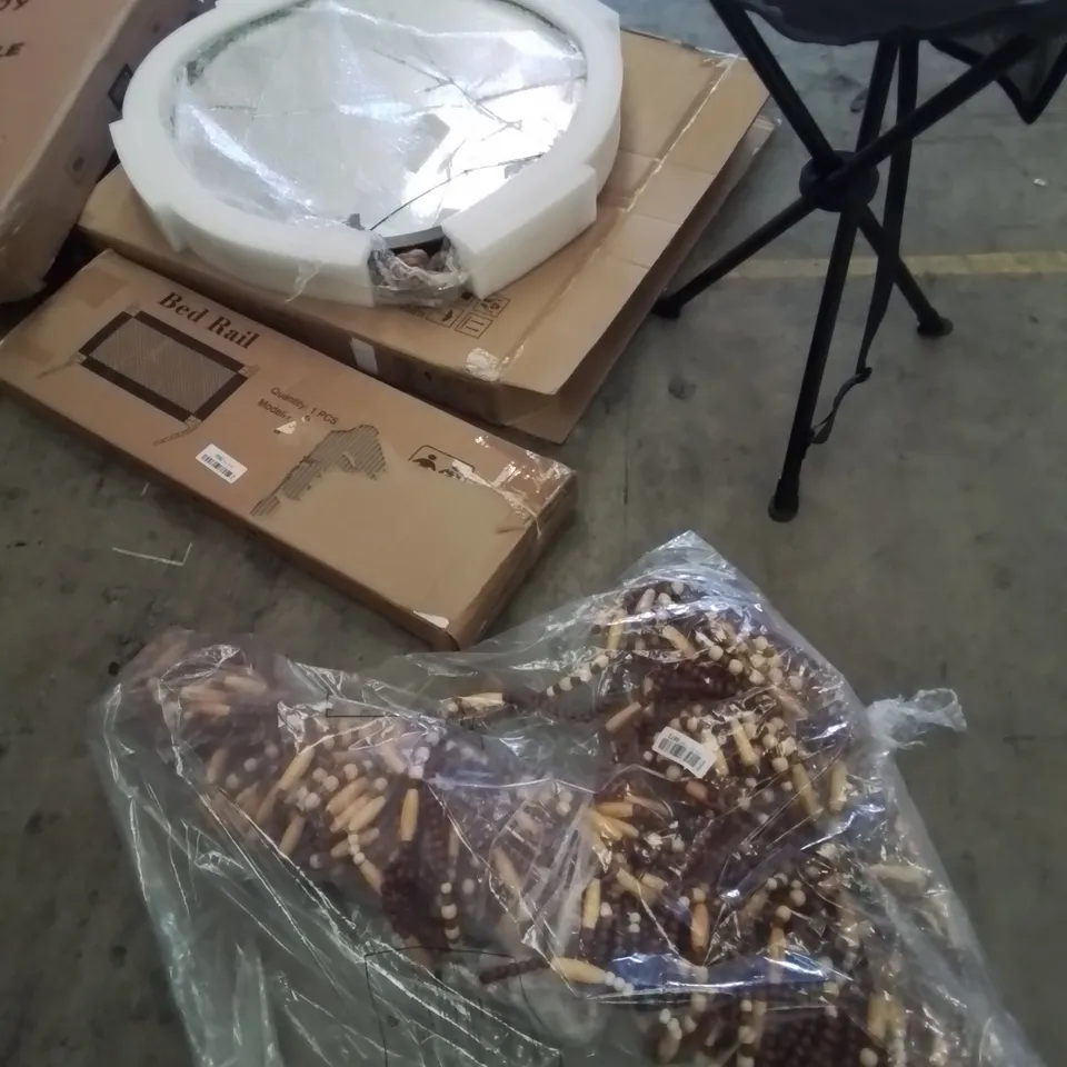 PALLET OF ASSORTED PRODUCTS, INCLUDING, PANASONIC MICROWAVE, ROPE MIRROR (DAMAGED) FOLDING STOOL 5' FOLDING TABLE, BEAD CURTAIN.