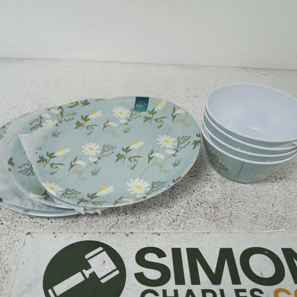 OUTDOORS BLUE FLORAL SET OF PLATES AND MATCHING BOWLS