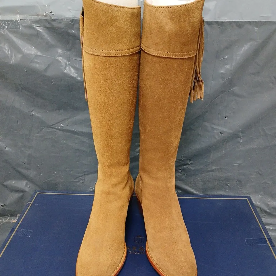 BOXED FAIRFAX & FAVOUR SUEDE HEELED REGINA BOOTS - UK SIZE 4 