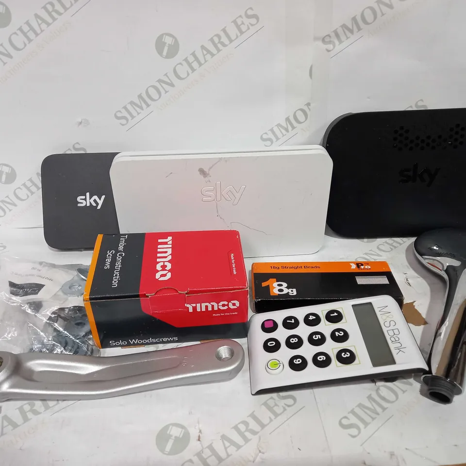 BOX TO CONTAIN 20 X ASSORTED HOUSEHOLD PRODUCTS, INCLUDES SKY BOXES, SHOWER HEAD, TIMBER SCREWS & OTHER DIY PRODUCTS ETC 