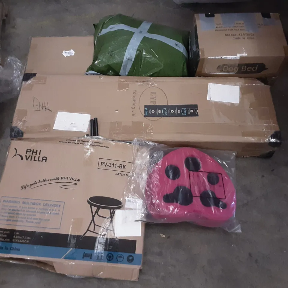 PALLET OF ASSORTED PRODUCTS INCLUDING PHI VILLA FOLDOUT TABLE, DOG BED, OLSEN & SMITH SHOE RACK - 3 TIER, MARBLE STICKERS CONTACT PAPER, PINK PAW PILLOW, 3-TIER BATHROOM STORAGE SHELF