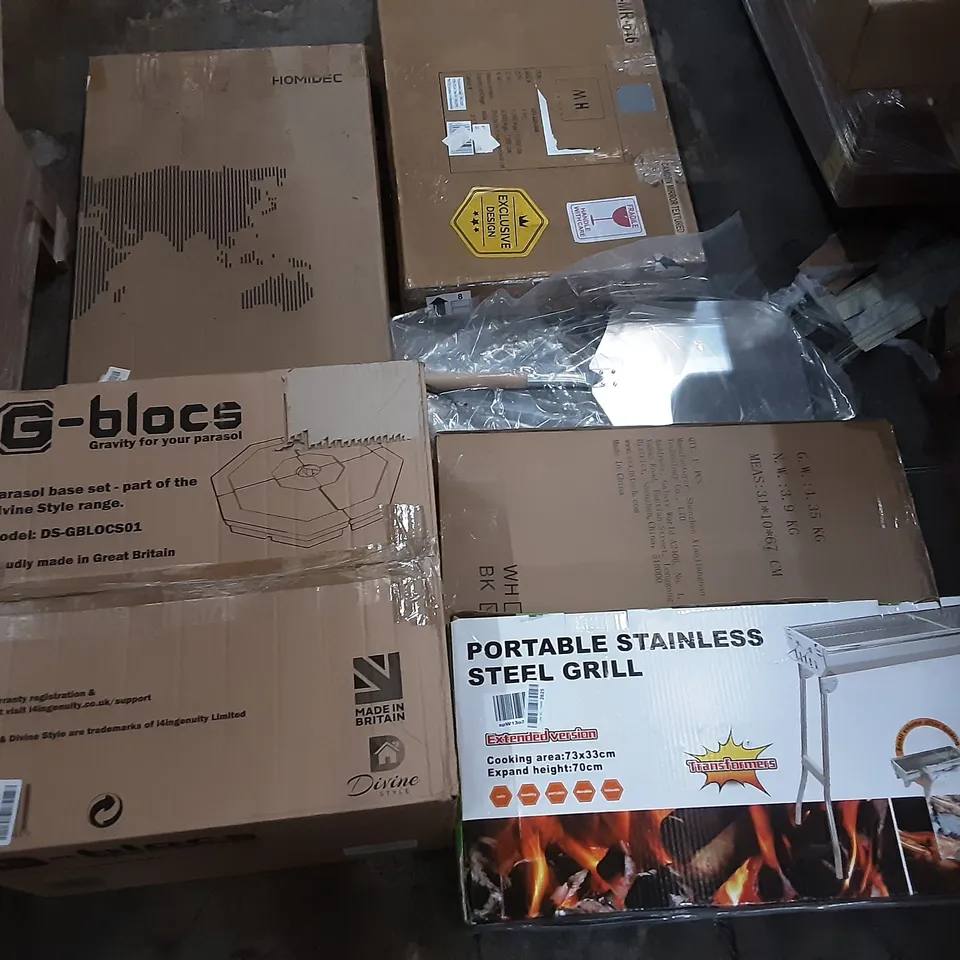 PALLET OF ASSORTED PRODUCTS INCLUDING PORTABLE STAINLESS STEEL GRILL, G-BLOCS PARASOL BASE SET, PTOULEMY OFFICE CHAIR, HOMIDEC, PIZZA SPATULA