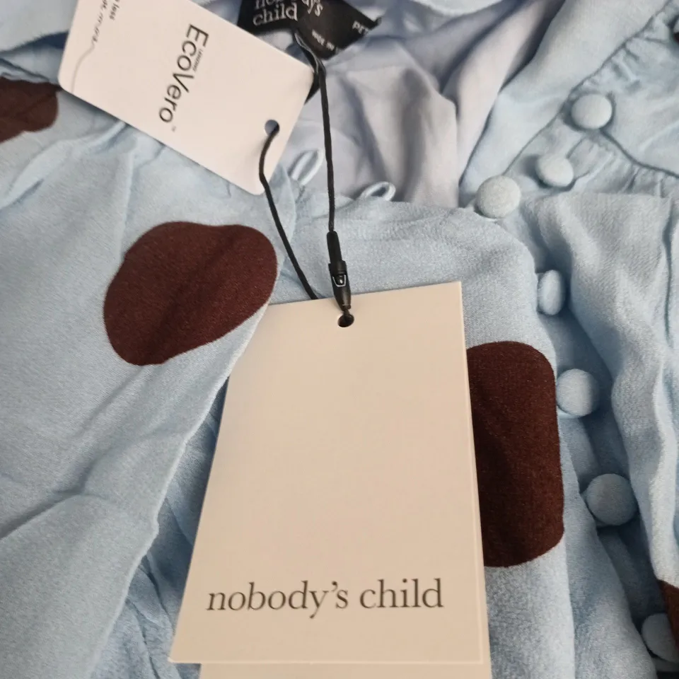 NOBODY'S CHILD PETITE LUNA MIDAXI DRESS – BLUE WITH BROWN POLKA DOTS, UK 10