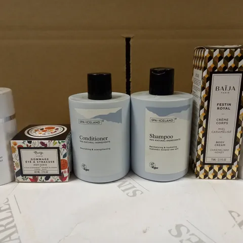 LOT OF ASSORTED COSMETIC ITEMS TO INCLUDE SPA OF ICELAND SHAMPOO, OSCAR DEODORANT, BAIJA BODY CREAM ETC
