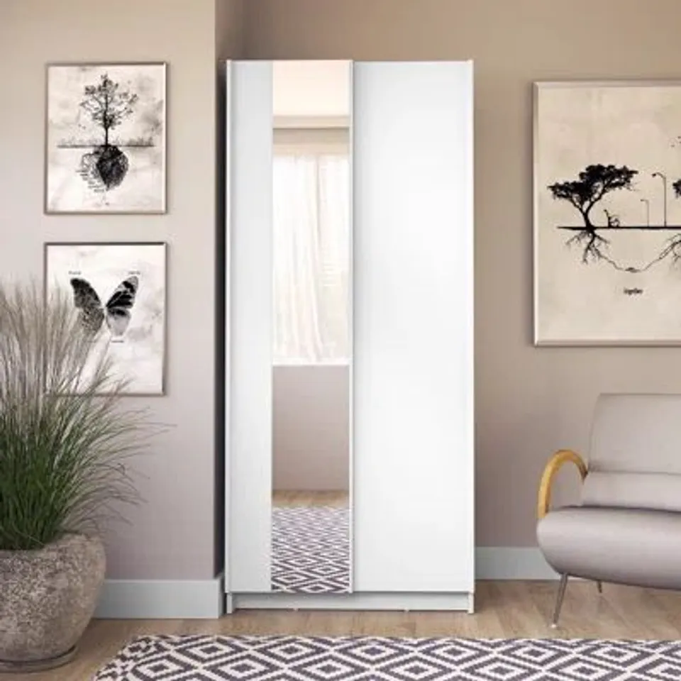 BOXED SLIDING DOOR WARDROBE WITH TWO DOORS, MIRROR, CLOTHES RAILS AND SHELVES (3 BOXES)