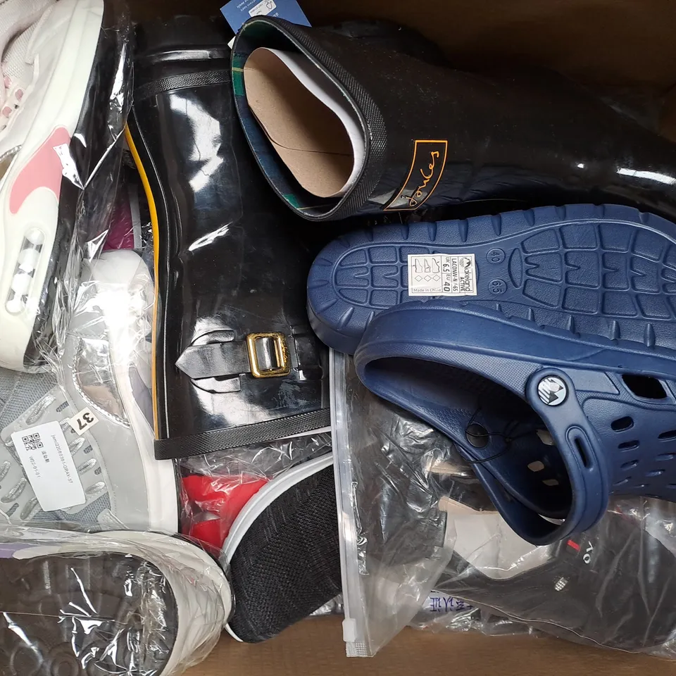 BOX OF APPROXIMATELY 15 ASSORTED PAIRS OF SHOES AND FOOTWEAR ITEMS IN VARIOUS STYLES AND SIZES TO INCLUDE FLOWER MOUNTAIN, M&S, ETC