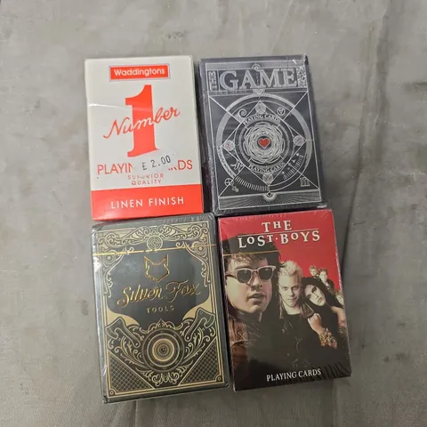 LOT OF 4 ASSORTED PACKS OF SEALED PLAYING CARDS TO INCLUDE THE GAME AND SILVER FOX TOOLS