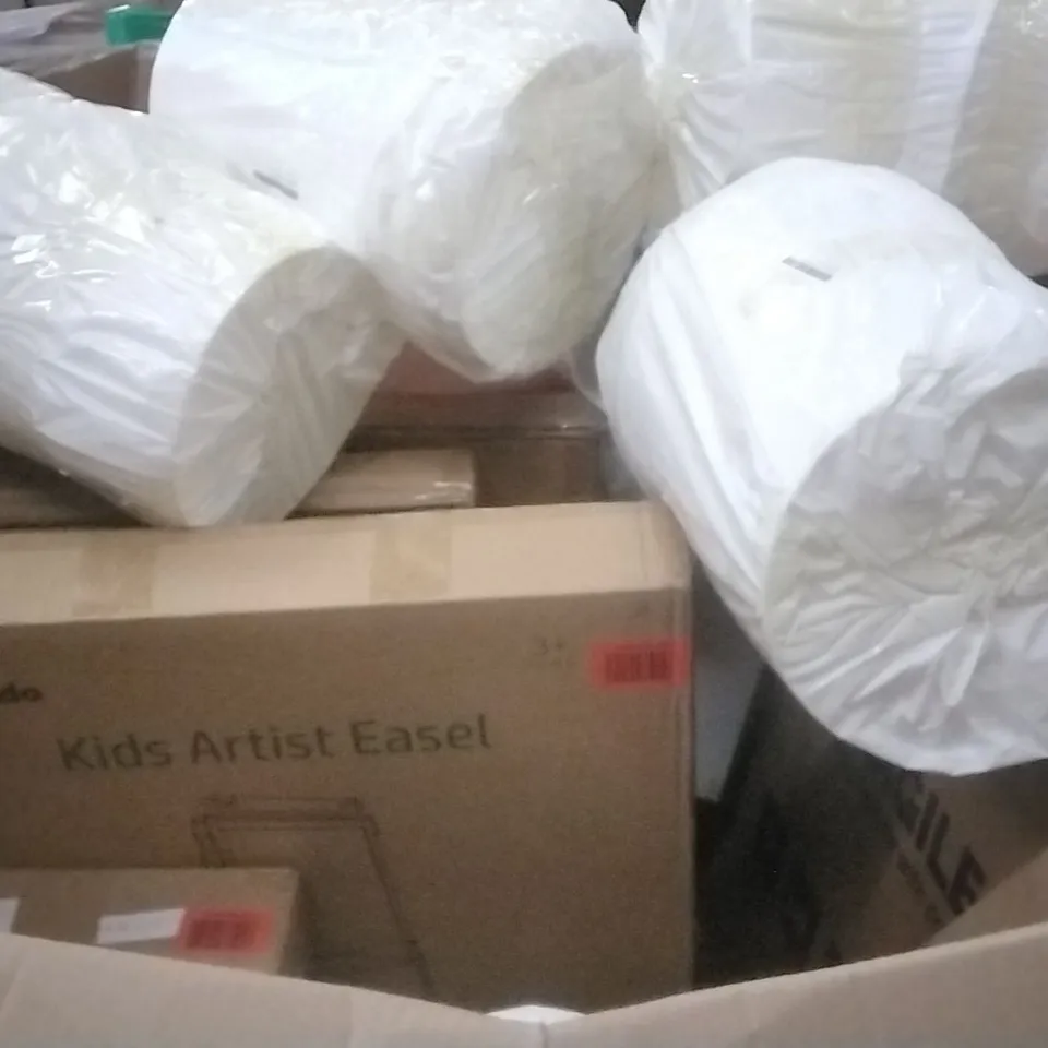 PALLET OF ASSORTED ITEMS INCLUDING METAL END TABLE, DOUBLE SIZE AIR MATTRESS, BALL BEARING SLIDE, WORKOUT RESISTANCE WHEEL, STAMFORD MIRROR 