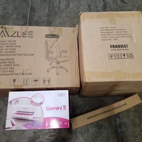PALLET OF ASSORTED PRODUCTS INCLUDING MANUAL DRAIN CLEANER, BEDSIDE TABLE, OFFICE CHAIR, DIE CUTTING & EMBOSSING MACHINE