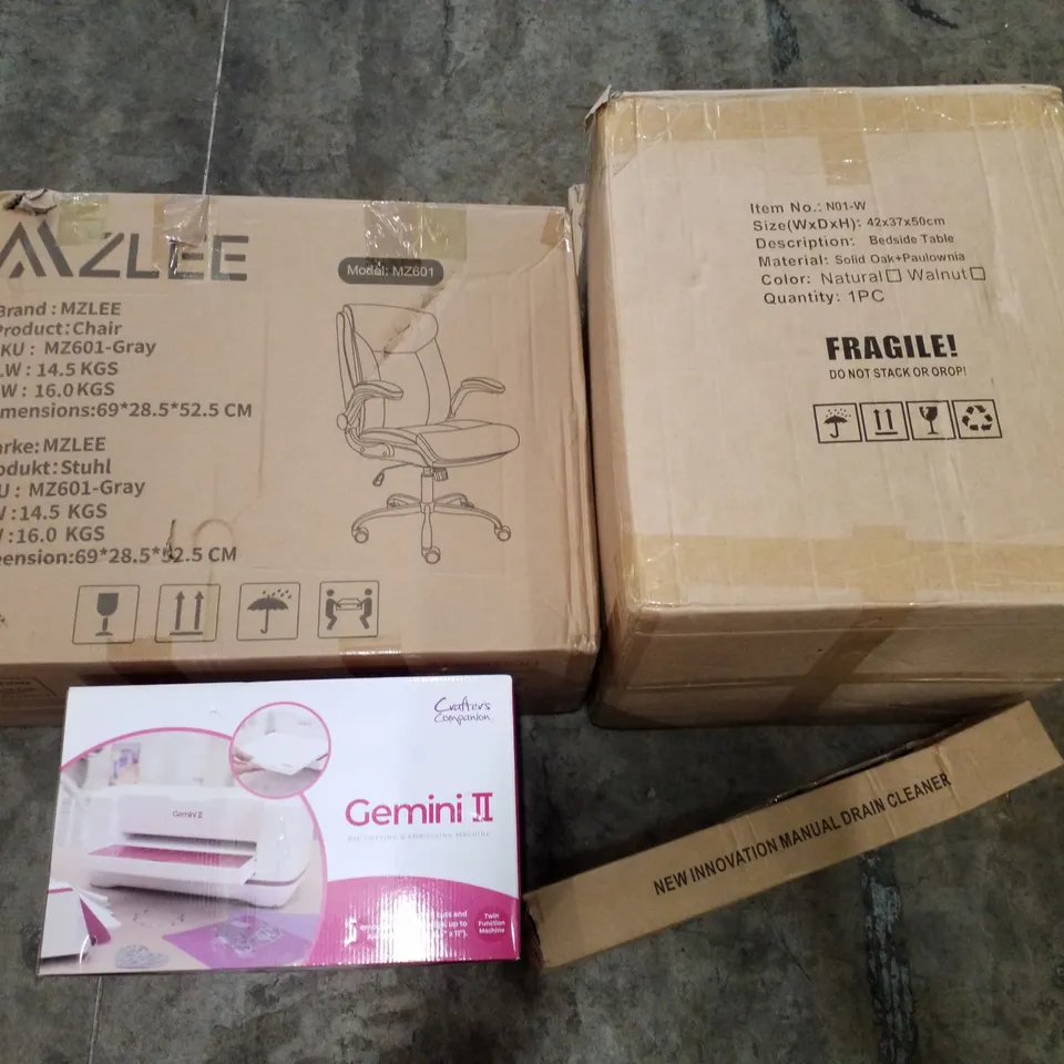 PALLET OF ASSORTED PRODUCTS INCLUDING MANUAL DRAIN CLEANER, BEDSIDE TABLE, OFFICE CHAIR, DIE CUTTING & EMBOSSING MACHINE