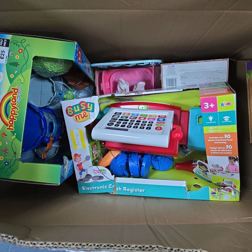 APPROXIMATELY 5 ASSORTED TOYS & GAMES PRODUCTS TO INCLUDE WALK ALONG PUPPY, SOFT AND CUDDLY DOLLY, BUSY ME CASH REGISTER, ETC