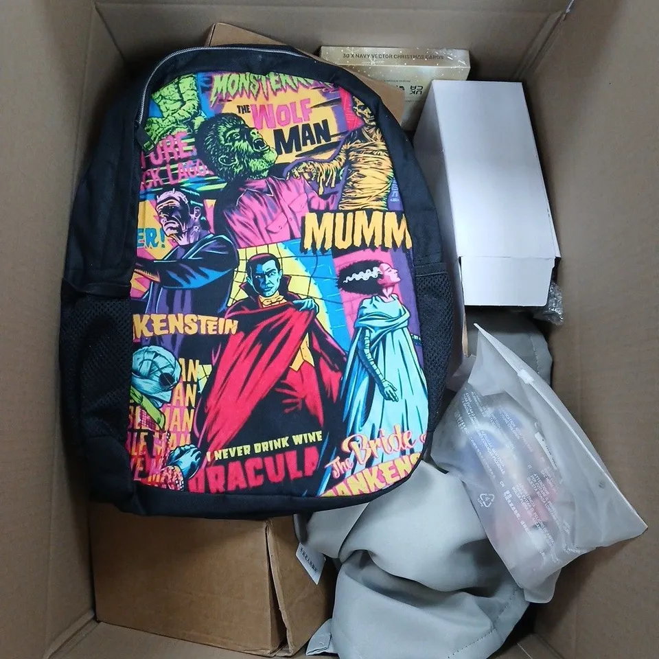 BOX OF APPROXIMATELY 15 ASSORTED HOUSEHOLD ITEMS TO INCLUDE BACKPACK , BEDDING AND XMAS CARDS 