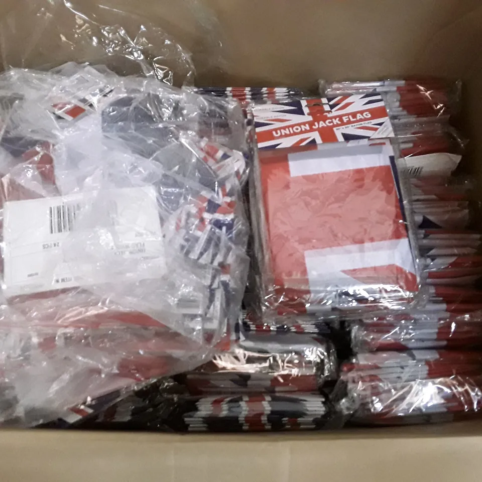 BOX OF APPROXIMATELY 21 PACKS EACH CONTAINING 24 BRAND NEW UNION JACK FLAGS 