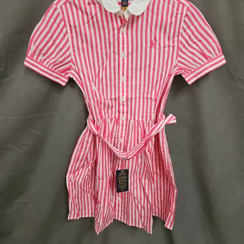 POLO RALPH LAUREN GIRLS BELTED STRIPED COTTON POPLON SHIRT DRESS IN PINK SIZE 12