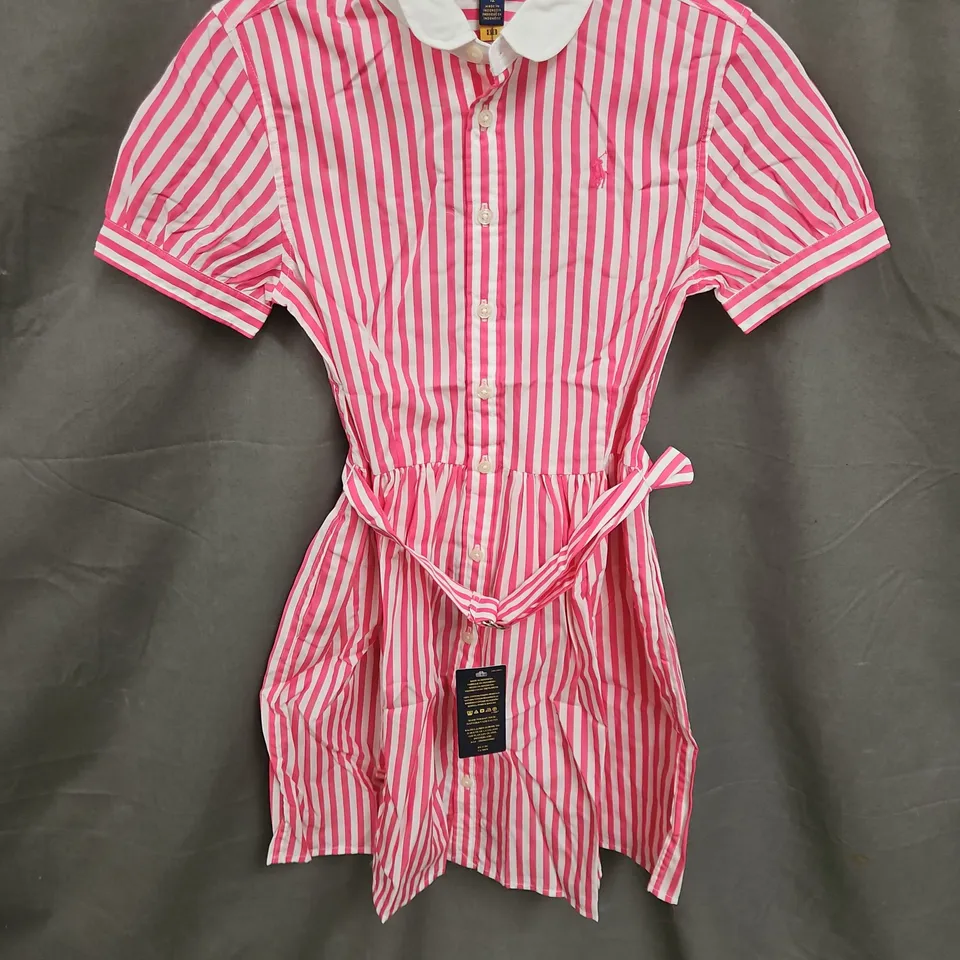 POLO RALPH LAUREN GIRLS BELTED STRIPED COTTON POPLON SHIRT DRESS IN PINK SIZE 12
