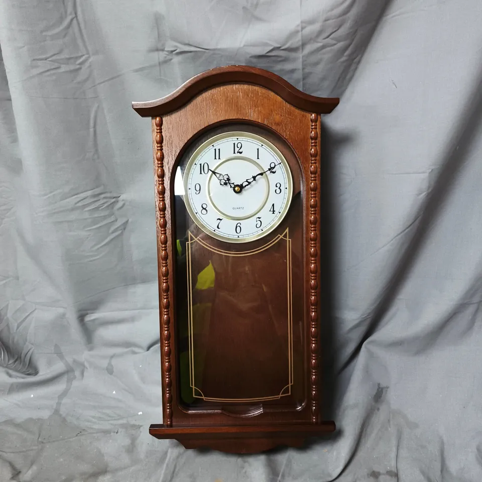 WOODEN WALL CLOCK WITH GLASS FRONT, QUARTZ MOVEMENT