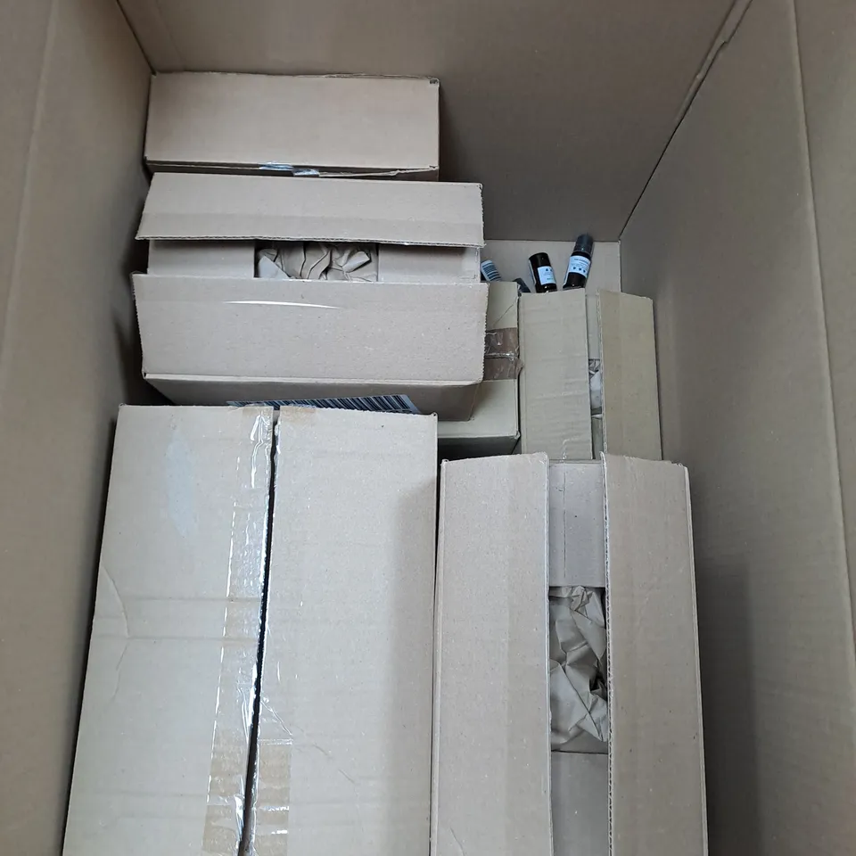 BOX OF APPROXIMATELY 10 BOXES OF ASSORTED HOUSEHOLD ITEMS TO INCLUDE PRESERVATIVE ECO, POWDER PIGMENT AND SCENTED OILS
