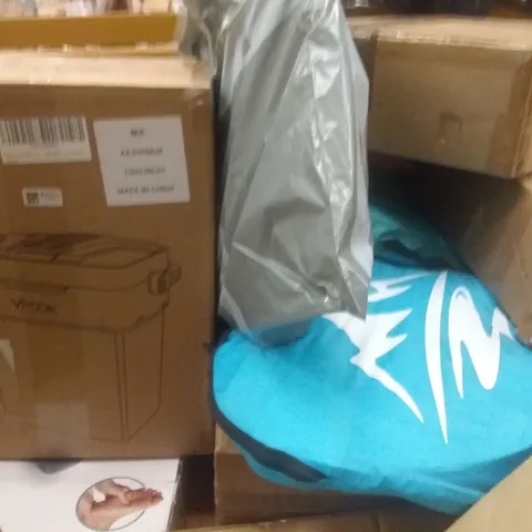 PALLET OF ASSORTED ITEMS INCLUDING POP UP CAMPING TENT, STORAGE CHEST, ELECTRIC COOLER BOX, FOOT MASSAGER