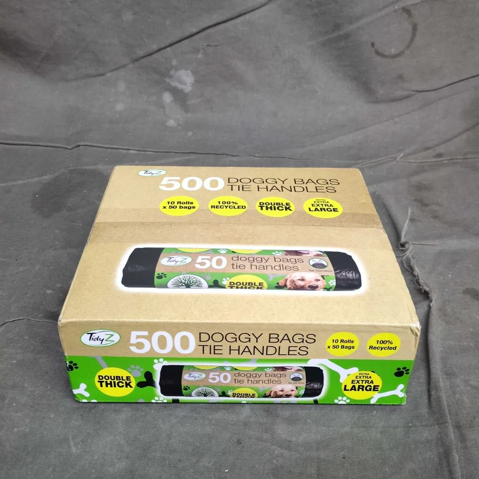 BOX OF 500 DOGGY BAGS WITH TIE HANDLES (EXTRA LARGE) – 10 ROLLS X 50 BAGS, 100% RECYCLED