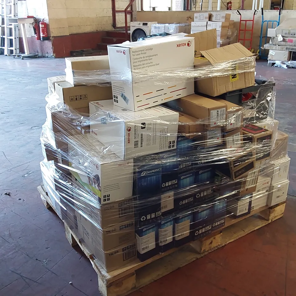 PALLET OF APPROXIMATELY 70X BOXES OF BRAND NEW ASSORTED PRINTER CARTRIDGES FROM BRANDS INCLUDING; HP, XEROX, PANASONIC, CANON, KATUN, DATAPRODUCTS ECT AND 11 ROLLS OF PREMIUM PRINTER WAX