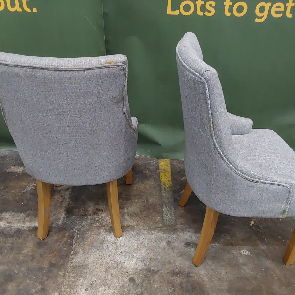 PAIR UPHOLSTERED BUTTONED BACK DINING CHAIRS GREY FABRIC ON NATURAL WOOD LEGS 