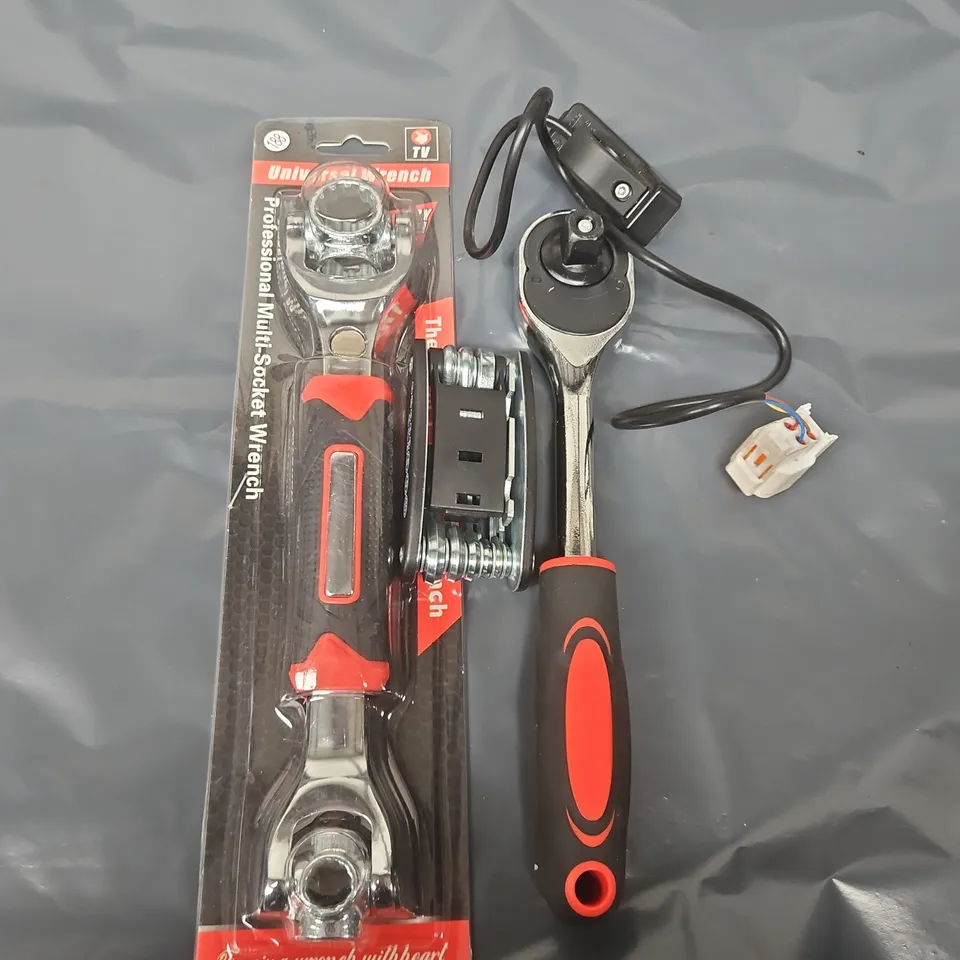 BOX OF ASSORTED CAR ITEAMS TO INCLUDE - TOOLS - BIKE PUMP - BRAKE PADS