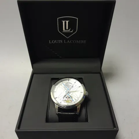 MENS VONLANTHEN AUTOMATIC WATCH – SILVER AND BLUE TEXTURED DIAL - GLASS EXHIBITION BACKCASE – BLACK LEATHER STRAP
